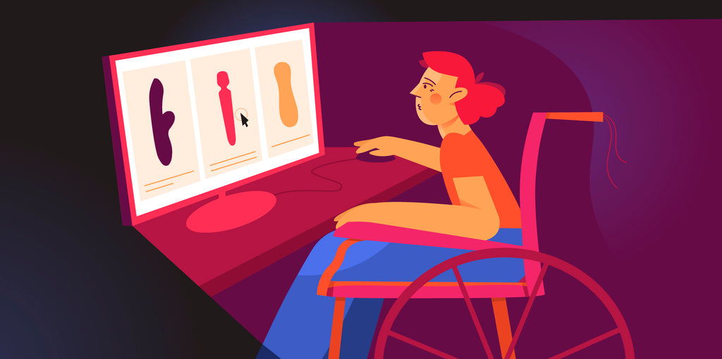 Illustration of a person in a wheelchair browsing on their computer and looking at vibrators. There are 3 different vibrators on the screen. 