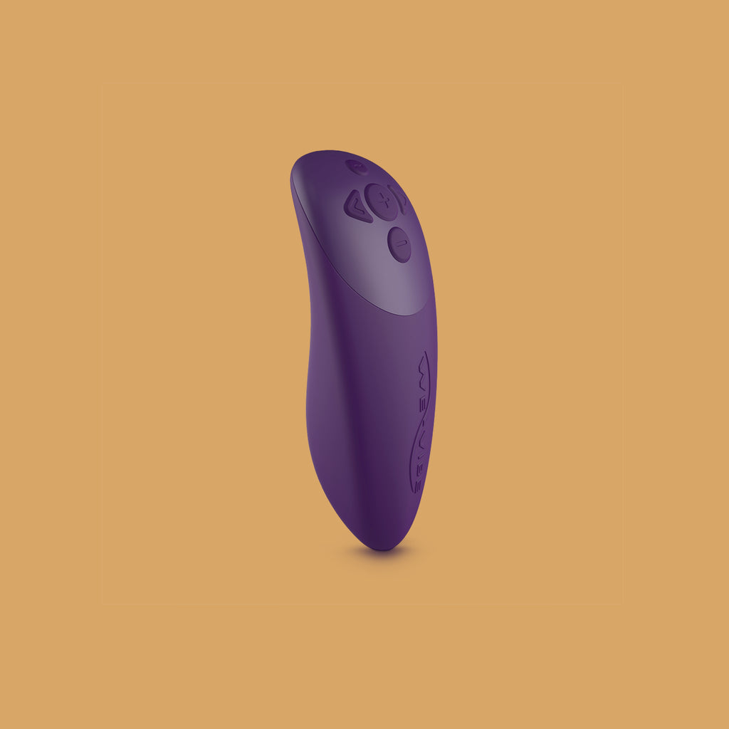 The purple chorus by We-Vibe remote. The remote can be controlled by squeezing it (pressure). The top of the remote has 5 buttons to control the Chorus by We-Vibe. The remote allows for control of the Chorus with minimal hand control