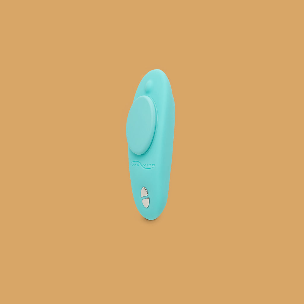 Moxie by We-Vibe. The Moxie is a blue vibrator that is oval shaped to fit nicely within the underwear, There are two buttons at the bottom of the hands-free vibrator. There is a circular magnet that sits in the upper third of the vibrator to securely set the moxie by we-vibe in place. Accessible and disability friendly sold at xesproducts.com.au xes products