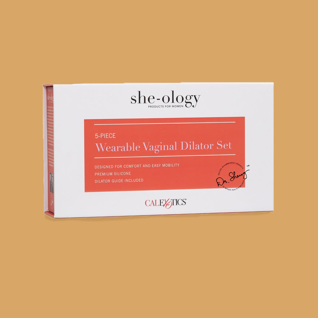 The packaging of the She-ology dilator set. The packaging reads: "5 piece. Wearable Vaginal Dilator Set". The next part reads: - designed for comfort and easy mobility, - premium silicone, - dilator guide included