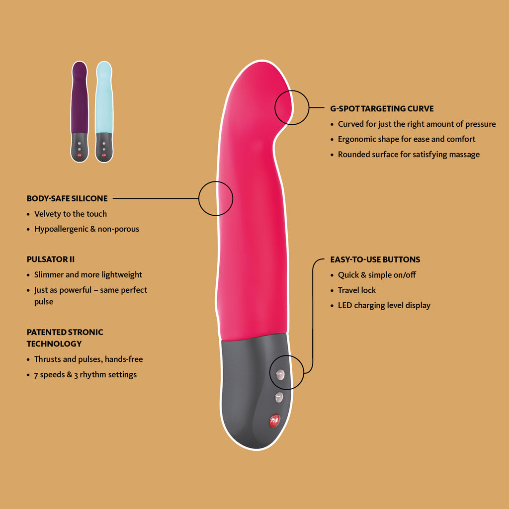 An information graphic about the Stronic-G by Fun Factory sold at XES Products. - Body-Safe silicone (hypoallergenic and non porous), Pulsator 2 (slimmer and more lightweight), Patented stronic technology (thrusts and pulses hands free), G spot targeting curve (curved for just the right amount of pressure, ergonomic shape for ease and comfort), easy to use buttons (simple on and off button, travel lock, LED charging display) 