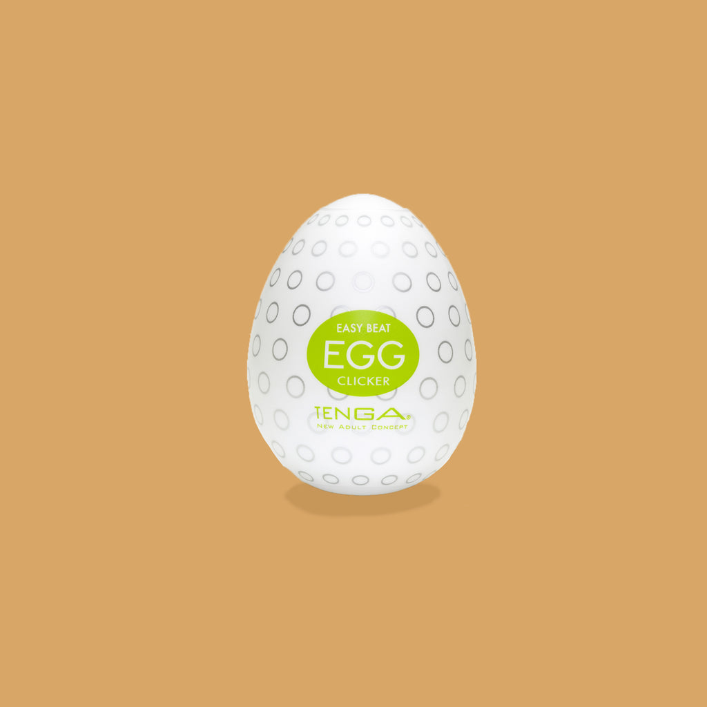 The Tenga Egg Clicker packaging. The clicker inside pattern looks like little circles described as "nodules and nubs".