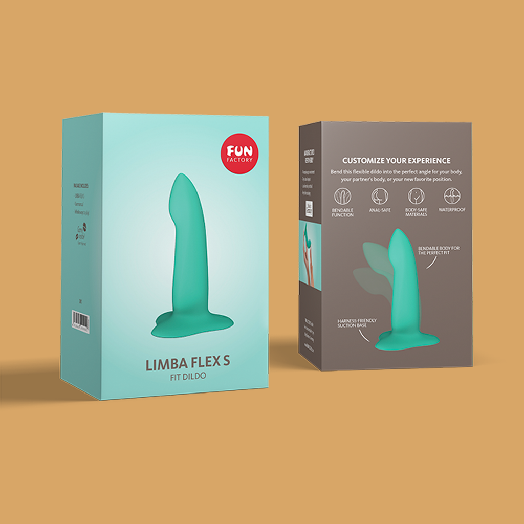 The packaging of the Limba Flex Small dildo. The package is coloured Caribbean blue.
