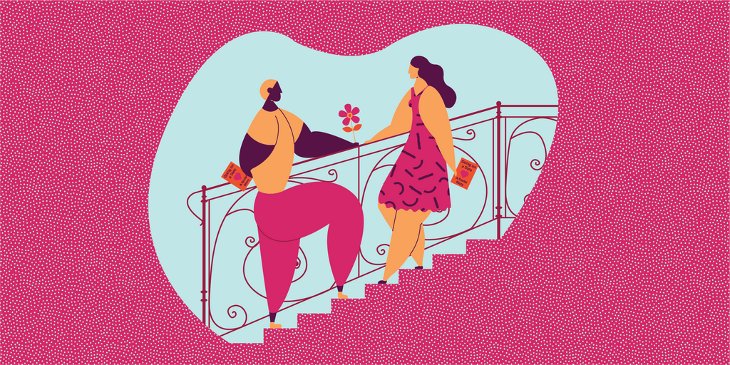 Illustration of two people standing on a staircase facing each other. One is handing the other a flower. They are both holding books that say "Going on a Date - A Social Story". 