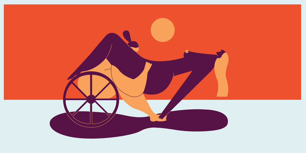 Illustration of a dark purple person sitting on top of an orange person in a wheelchair. The purple person is leaning backwards with their hands on the orange persons feet and their hair flowing backwards while receiving oral sex from the orange person. 