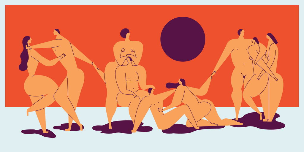 Illustration of multiple naked partners who are all linked by holding hands or touching one another. Colours used are orange and purple. 