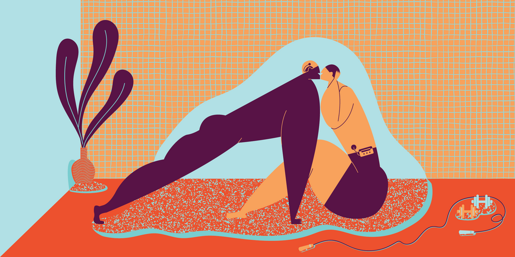 Illustration of a couple in a gym setting. One person is doing a sit up and kissing the other who is in a plank position. 