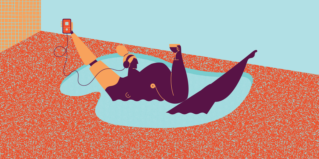 Illustration of a person sitting in a bath with headphones on. They are holding an iPod and have a bionic arm. Their other hand is holding a glass of wine. 