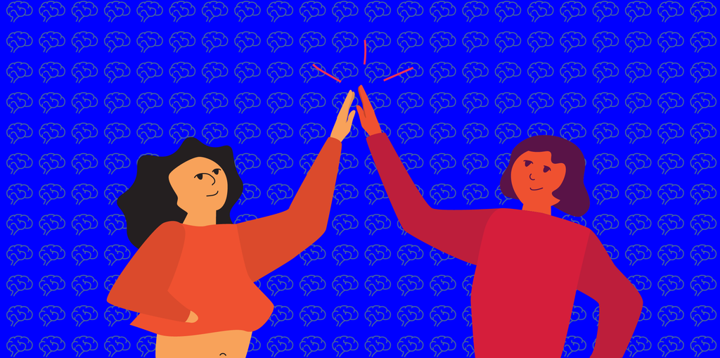 Illustration of two people high-fiveing. The person on the left is wearing a long-sleeved orange crop top, large breasts and has black long wavy hair.  The person on the right is wearing a red jumper and has a black bob. 