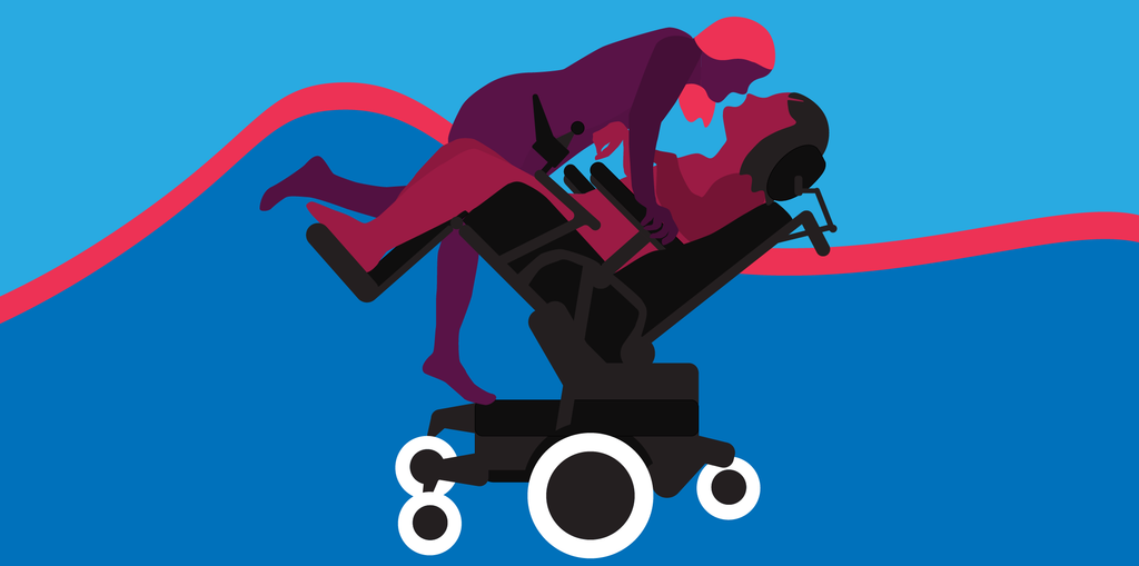Illustration of a a couple leaning in for a kiss. One person is in a tilted power chair while their partner is balancing with one foot on the power-chair and the other foot is in the air. The partner is leaning forward to kiss the powerchair user. 