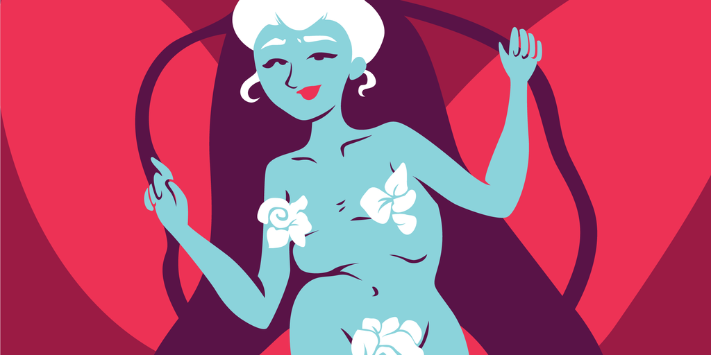Illustration of a person with flowers covering their breasts and pubic area. 