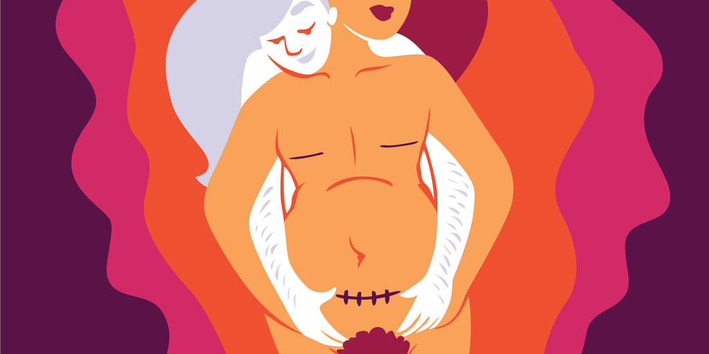 Illustration of a mother (with a visible c-section scar) with her partner behind her. Her partner is wrapping her arms around her stomach.