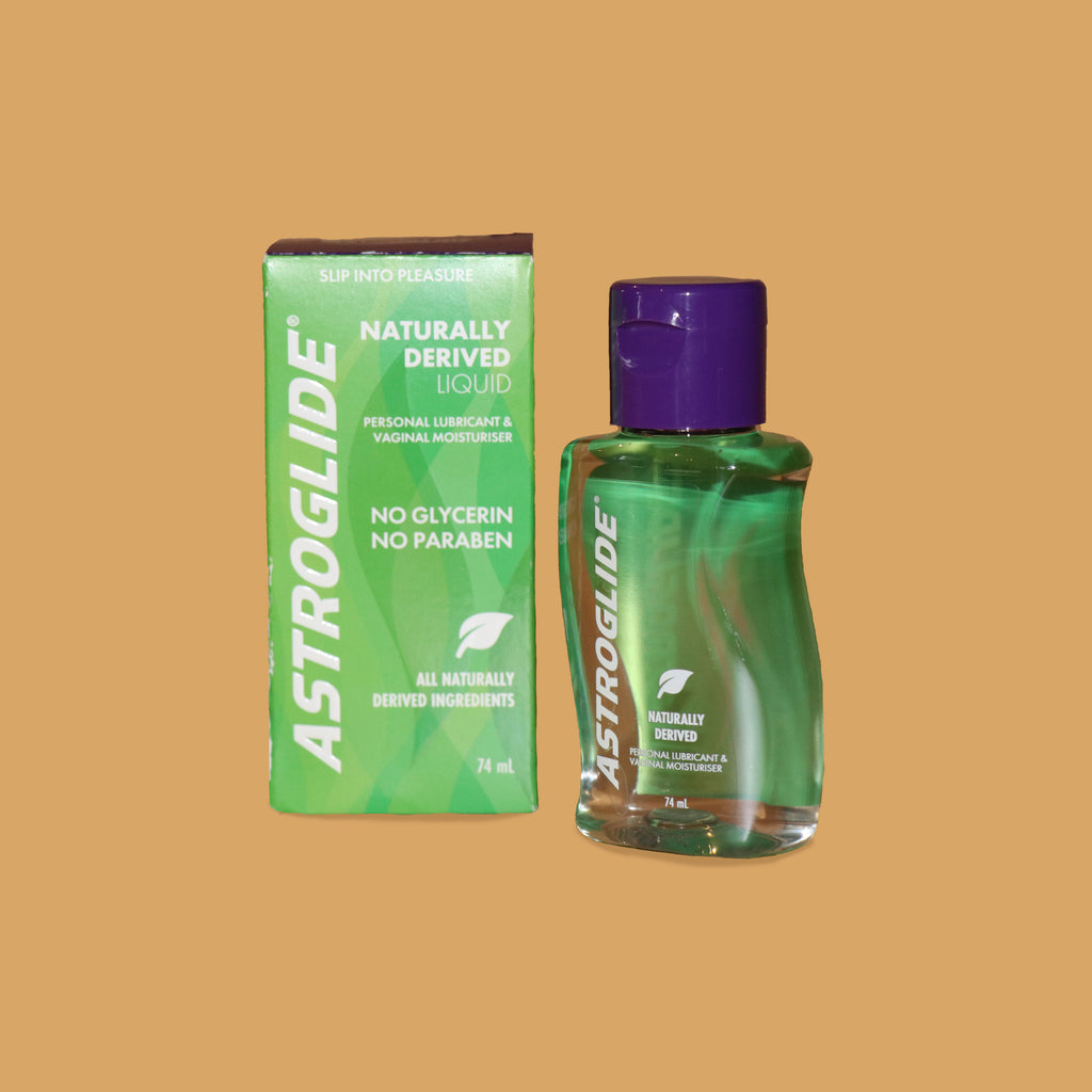 Astroglide natural lubricant packaging next to the clear lubricant. Astroglide natural lubricant is pefect for sensitive skin. Accessible sexual health XES Products