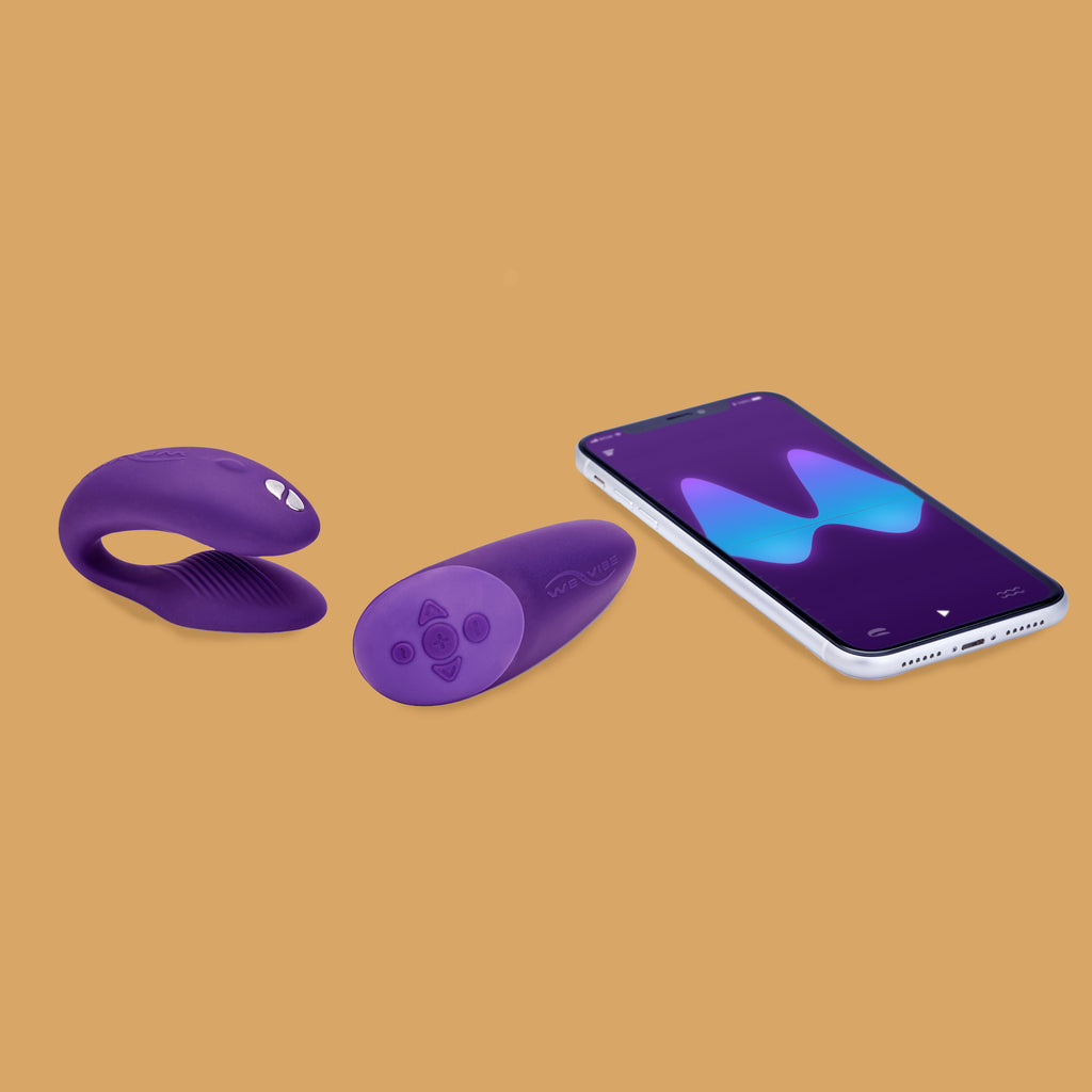 Image of chorus by We-vibe and Remote with smart phone connectivity. A smartphone shows vibration patterns which can be created and modified by users. The smart phone app increases accessibility for using the Chorus by We-Vibe. 