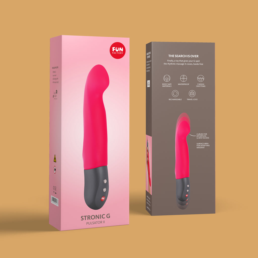 The Stronic-G by Fun Factory's packaging. The front of the box is pink and has the vibrator on front and stronic-g Pulsator 2 written on it. The back of the packaging reads: "a toy that gives your g spot the rhythmic massage it craves, hands free".  The bottom reads "curved for effortless g spot access". Sold at xesproducts.com.au xes products