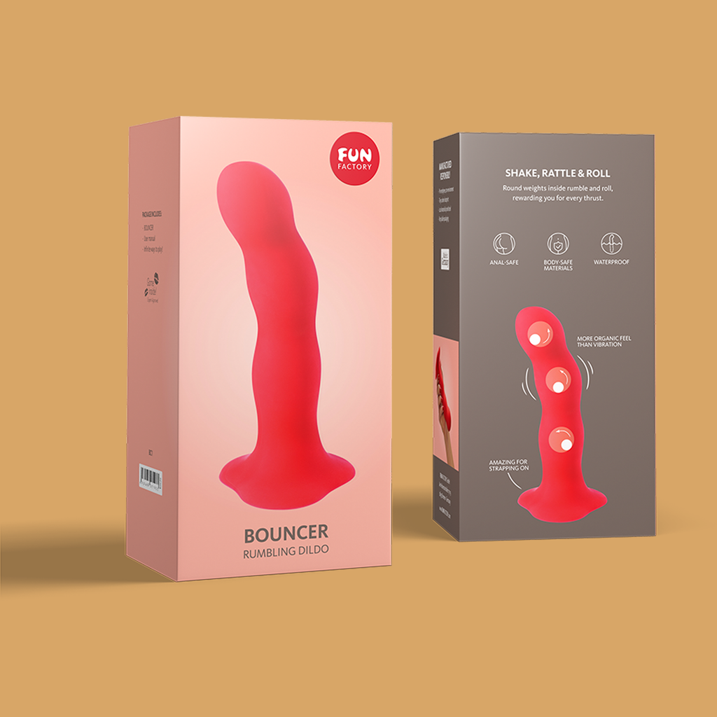 Image of the Bouncer Rumbling Dildo by Fun Factory, Red, Packaging. 
